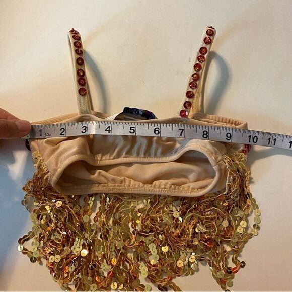 Glamour dance costume 2 piece red jewel gold fringe tutu dress small child SC - Picture 8 of 15